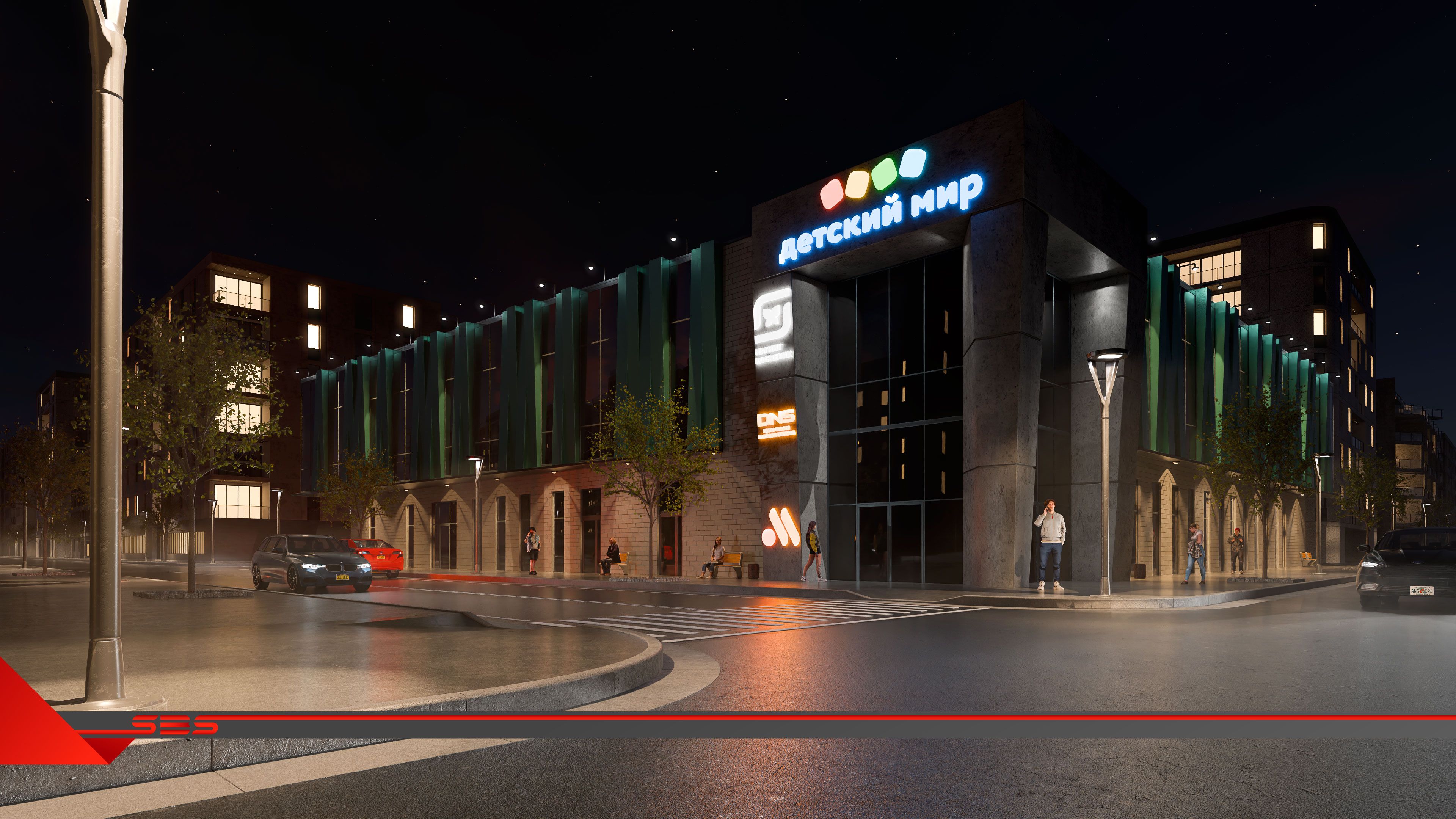 Архитектурная 3D визуализация офисного здания рекламными вывесками светящиеся неоном в ночи.