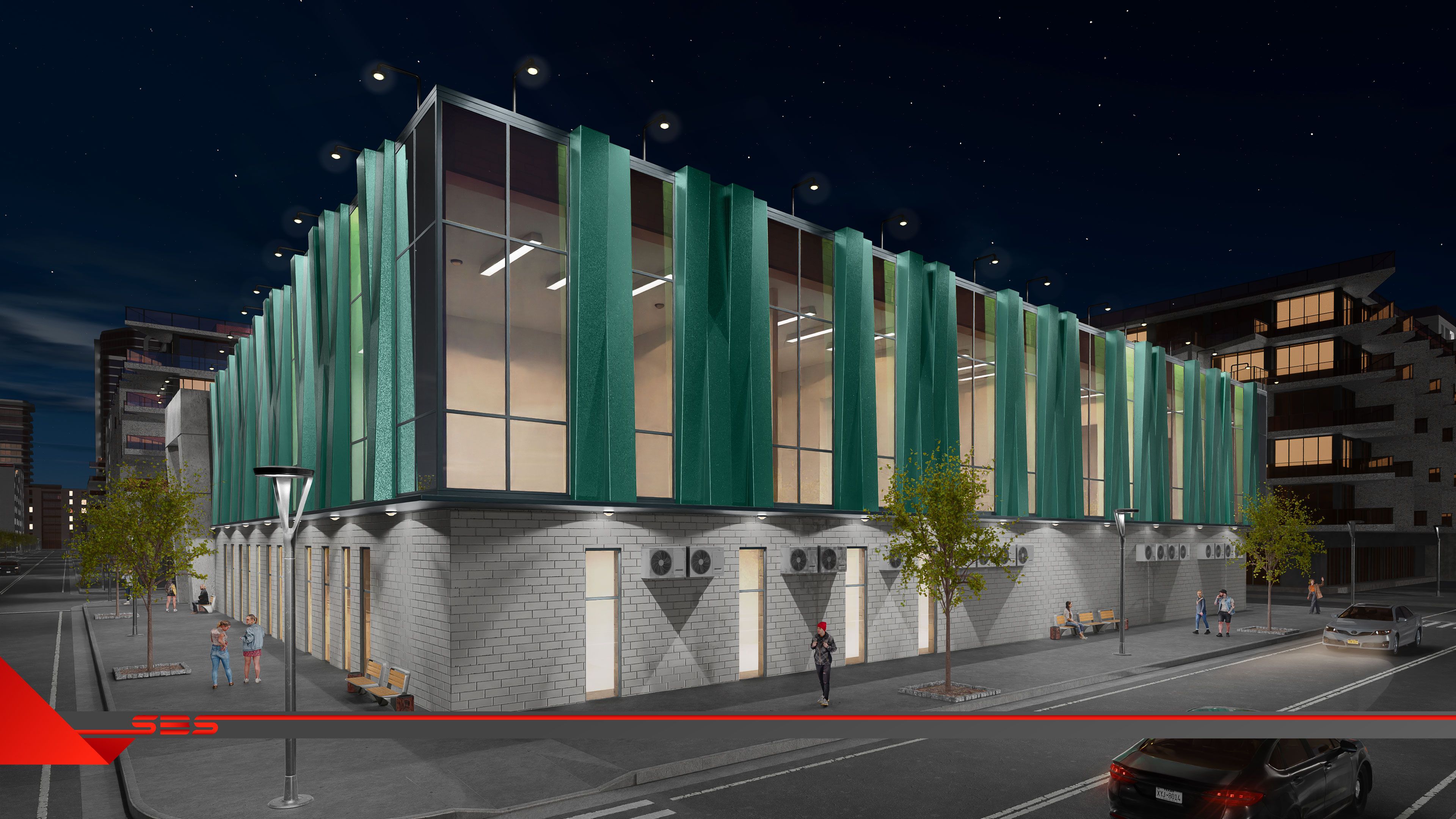 Архитектурная 3D визуализация офисного здания. Ночное освещение вокруг